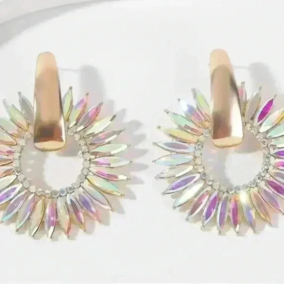 NEW-Iridescent Sunburst Hoop Earrings with Gold Accents - Picture 1 of 4